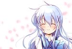  ^_^ blue_bow blue_hair blue_neckwear bow bowtie closed_eyes closed_mouth collared_shirt gochuumon_wa_usagi_desu_ka? hair_between_eyes hair_ornament kafuu_chino long_hair oumi_neneha petals rabbit_house_uniform shirt smile solo upper_body white_background white_shirt wing_collar x_hair_ornament 