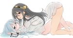  age_difference azuuru barefoot black_hair blush bottomless breast_press breasts chain commentary_request cuffs dress_shirt girl_on_top hair_ornament hairband hairclip haruna_(kantai_collection) hibiki_(kantai_collection) highres kantai_collection long_hair looking_at_viewer medium_breasts multiple_girls naked_shirt shirt simple_background top-down_bottom-up white_hair white_shirt wrist_grab yuri 