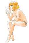  barefoot blonde_hair breasts cup full_body green_eyes highres invisible_chair medium_breasts mizuhashi_parsee mug navel nishiuri panties parted_lips pointy_ears short_hair side-tie_panties simple_background sitting sketch solo topless touhou underwear underwear_only white_background 