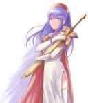  bare_shoulders blue_eyes blue_hair cape dress fire_emblem fire_emblem:_fuuin_no_tsurugi hat holding holding_weapon lilina looking_at_viewer sheath simple_background solo spread sword thighhighs weapon white_dress wspread 