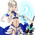  aqua_eyes chain choco_holic flat_chest hair_rings kaizoku_ookoku_koronbusu long_hair looking_at_viewer midriff o-ring ponytail solo standing sword thighhighs watermark weapon white_hair white_legwear 