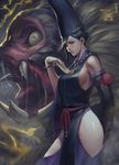  black_hair breasts closed_mouth cowboy_shot detached_sleeves fuku_(nioh) hat hip_vent japanese_clothes large_breasts looking_at_viewer medium_breasts mole mole_under_mouth monster nail_polish nioh nue ofuda onmyouji phamoz sideboob smile tarot tate_eboshi 