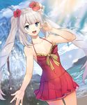  blue_eyes blush breasts cleavage covered_navel dress_swimsuit fate/grand_order fate_(series) flower hair_flower hair_ornament long_hair marie_antoinette_(fate/grand_order) marie_antoinette_(swimsuit_caster)_(fate) open_mouth red_swimsuit shovelwell silver_hair skindentation sleeveless small_breasts smile solo sunlight swimsuit twintails 