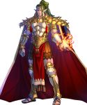  1boy armor cape doma_(fire_emblem) facial_mark fire fire_emblem fire_emblem_echoes:_mou_hitori_no_eiyuuou fire_emblem_heroes forehead_mark full_body highres long_hair male_focus nintendo official_art pointy_ears ponytail purple_eyes sandals solo transparent_background yoneko_okome99 