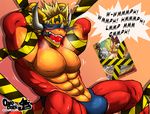  2017 abs anthro ball_gag barricade_tape biceps blindfold blonde_hair blush bulge card clothed clothing countershade_face countershade_tail countershade_torso countershading dialogue dragon drum_(buddyfight) drum_bunker_dragon english_text fangs gag gagged gradient_background hair hands_behind_head horn male motion_lines multicolored_scales muscular muscular_male onodera pecs red_scales red_tail scales scalie short_hair signature simple_background sitting solo speech_bubble speedo spread_legs spreading sweat swimsuit tan_scales tan_tail tape tape_bondage teeth text topless two_tone_scales two_tone_tail white_scales 