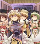  4girls apron arm_grab behind_another blonde_hair blush breast_grab breasts brown_hair commentary_request cowboy_shot disembodied_limb door dress erect_nipples fingernails gap grabbing green_dress green_eyes green_hair hair_between_eyes hat hat_ribbon houshiruri large_breasts long_hair looking_at_another looking_at_viewer matara_okina mob_cap multiple_girls nishida_satono obi open_door open_mouth pink_dress purple_eyes ribbon sash short_hair sidelocks snowing sweatdrop tabard tate_eboshi teireida_mai touhou trigram very_long_hair waist_apron wavy_mouth white_dress yakumo_yukari yellow_eyes yin_yang yuri 