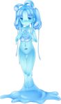 antenna_hair blue_eyes blue_hair core covering covering_breasts full_body goo_girl hands_clasped hands_together monster_girl navel own_hands_together sidelocks solo transparent_background 
