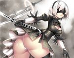  ass beeyan blindfold facing_viewer hairband highres katana leotard light_smile mole mole_under_mouth nier_(series) nier_automata parted_lips short_hair skindentation solo sword thick_thighs thighs twisted_torso weapon white_hair white_leotard yorha_no._2_type_b 