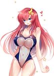  absurdres bad_id bad_pixiv_id baocaizi blue_eyes blush breasts center_opening cleavage commentary_request covered_nipples fishnet_swimsuit gundam gundam_seed gundam_seed_destiny hair_ornament highres impossible_clothes impossible_swimsuit large_breasts long_hair looking_at_viewer meer_campbell navel one-piece_swimsuit pink_hair smile solo star star_hair_ornament swimsuit 