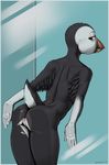  2017 anthro avian beak bird butt feathers female gewitter glass glory_hole hole_(disambiguation) looking_at_viewer looking_back nude pearl_(boolean) presenting presenting_hindquarters puffin pussy simple_background smile solo 