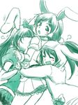  :d :o ^_^ animal_ears animal_hood between_breasts blush bow breast_smother breasts bunny_ears bunny_hood closed_eyes detached_sleeves earmuffs green hair_bow head_between_breasts hood hug hug_from_behind large_breasts looking_back love_live! love_live!_school_idol_project monochrome multiple_girls open_mouth sketch skirt smile sonoda_umi spot_color toujou_nozomi trembling urutsu_sahari yazawa_nico 
