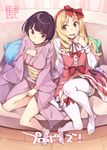  3: arm_support black_hair blonde_hair blush brown_eyes closed_mouth collared_shirt couch cover cover_page cushion doujin_cover drill_hair eromanga_sensei finger_to_mouth from_above hair_ribbon head_tilt inato_serere japanese_clothes kimono lolita_fashion long_hair long_sleeves multiple_girls nose_blush obi parted_lips pointy_ears purple_eyes red_ribbon ribbon ribbon-trimmed_clothes ribbon_trim sash senju_muramasa shirt short_hair sitting smile socks sweatdrop thighhighs very_long_hair white_legwear white_shirt wing_collar yamada_elf 
