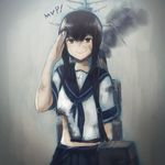  brown_eyes brown_hair burnt_clothes commentary_request damaged fubuki_(kantai_collection) grey_background ichi_inaru kantai_collection long_hair mvp rigging salute school_uniform serafuku smile smoke solo strap torn_clothes 