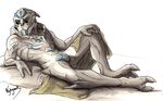  2016 alien anthro bedding blanket blue_penis claws danarius_valterian erection facial_markings fan_character flaccid genital-slit male markings mass_effect nyhgault penis pose shaded slit solo spreading toes turian video_games 