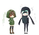  adjusting_clothes aqua_eyes black_hair blush boots brown_footwear brown_hair creeparka creeper embarrassed enderman fidgeting glowing glowing_eyes goggles goggles_on_head hands_in_pockets hood hoodie knee_boots long_hair looking_away minecraft multiple_girls poncho qsr red_eyes short_hair thighhighs translated twintails zettai_ryouiki 