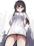  ahoge alternate_costume bangs black_eyes black_hair blush breasts from_below gym_shirt gym_uniform hands_on_own_chest highres kantai_collection large_breasts long_hair looking_at_viewer name_tag shirt solo sumisu_(mondo) ushio_(kantai_collection) white_shirt worried 