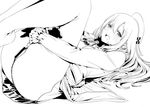  anus anus_peek atago_(kantai_collection) bar_censor blush censored fur_collar gloves goshiki_suzu greyscale hat highres kantai_collection knees_up leg_hug lineart long_hair looking_at_viewer lying monochrome on_back open_mouth pubic_hair pussy simple_background solo thong white_background 