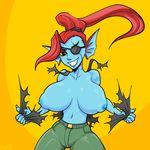  big_breasts bishop_(author) breasts female hair simple_background smile torn_cloths undertale undyne video_games 