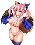  animal_ears bikini blue_bikini blue_legwear blush breasts crotchless_swimsuit detached_collar detached_sleeves fang fate/extra fate_(series) fox_ears fox_tail hair_ribbon large_breasts long_hair looking_at_viewer md5_mismatch navel nippleless_clothes nipples oni-noboru open_mouth pink_hair pubic_hair revision ribbon simple_background smile solo swimsuit tail tamamo_(fate)_(all) tamamo_no_mae_(fate) thighhighs white_background yellow_eyes 