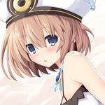  bare_shoulders blanc blue_eyes blush breasts brown_hair cleavage dress gradient gradient_background hat iwasi-r looking_at_viewer neptune_(series) no_bra open_mouth ribbon shin_jigen_game_neptune_vii shiny shiny_hair shiny_skin short_hair small_breasts solo 