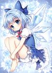  bare_legs barefoot bloomers blue_background blue_bow blue_dress blue_eyes blue_hair bow bowtie cirno dress fetal_position full_body hair_bow ice ice_background ice_wings leg_hug looking_at_viewer mauve puffy_short_sleeves puffy_sleeves red_bow red_neckwear short_hair short_sleeves solo touhou underwear v_arms white_bloomers wings 
