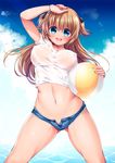  :d arm_up ass_visible_through_thighs ball beachball blue_eyes blush bracelet breasts brown_hair covered_nipples eyes_visible_through_hair groin head_tilt holding jewelry legs_apart long_hair md5_mismatch medium_breasts navel open_mouth original outdoors revision ruri_rarako shirt short_shorts shorts smile solo standing sunlight sweat two_side_up wet wet_clothes wet_shirt white_shirt 