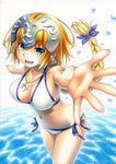  alternate_costume bikini blonde_hair blue_eyes braid breasts cleavage commentary_request cowboy_shot fate_(series) headpiece highres jeanne_d'arc_(fate) jeanne_d'arc_(fate)_(all) kawachi_koorogi large_breasts long_hair navel open_mouth outstretched_arms outstretched_hand reaching_out sideboob single_braid solo stomach swimsuit thighs very_long_hair water white_bikini 