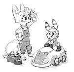  anthro arctic_fox bandage black_and_white canine clothed clothing dirty disney duo female fox fuel_(artist) fur hi_res jack_savage lagomorph male mammal monochrome overalls rabbit signature simple_background skye_(zootopia) toolbox tools toy white_background wrench young zootopia 