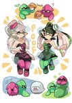  ... 2girls ? alternate_hair_length alternate_hairstyle anger_vein angry ankle_boots aori_(splatoon) black_footwear boo boots breasts brown_eyes cleavage cloud company_connection cosplay costume_switch detached_collar dress earrings english flying_teardrops food food_on_head frown ghost green_legwear grey_hair holding hotaru_(splatoon) jewelry mario_(series) medium_breasts multiple_girls mushroom object_on_head one_eye_closed pantyhose purple_legwear shoes short_jumpsuit splatoon_(series) splatoon_1 spoken_ellipsis squid strapless strapless_dress super_mario_bros. sweatdrop trembling wong_ying_chee 