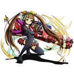  black_legwear brown_eyes brown_hair divine_gate floating_hair flower full_body hair_flower hair_ornament hair_ribbon hairband long_hair looking_at_viewer mayu_(road_to_dragons) miniskirt neck_ribbon official_art one_knee pleated_skirt red_ribbon red_skirt ribbon road_to_dragons shadow skirt smile solo thighhighs transparent_background twintails ucmm very_long_hair white_ribbon 