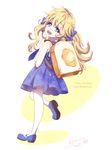  :d backpack bag blonde_hair blue_dress blue_eyes blue_footwear character_name copyright_name dress english eyebrows_visible_through_hair floral_print from_side full_body head_tilt heart highres leg_up long_hair looking_back low_twintails mary_janes matatabi_kikuno number open_mouth sailor_dress shoes sleeveless sleeveless_dress smile solo standing standing_on_one_leg tasha_romanovsky thighhighs tokyo_7th_sisters twintails twitter_username white_background 