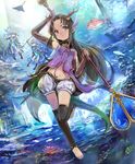  arms_up barefoot black_legwear blurry bridal_gauntlets brown_hair contrapposto depth_of_field fish head_tilt horns light long_hair looking_at_viewer manta_ray midriff multiple_girls navel ocean otohime's_bodyguard otohime_(shingeki_no_bahamut) pointy_ears puffy_shorts purple_eyes rhodomina shadowverse shingeki_no_bahamut shorts smile solo_focus staff standing sunlight tail thighhighs toeless_legwear underwater weapon 