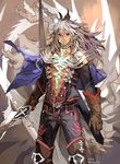  armor balmung_(fate/apocrypha) dark_skin dark_skinned_male fate/apocrypha fate_(series) green_eyes long_hair looking_at_viewer male_focus platinum_blonde_hair siegfried_(fate) simple_background solo sword weapon white_hair 