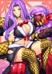  1girl blush breasts cleavage fate/grand_order fate_(series) gorgon_(fate) huge_breasts midriff navel present purple_eyes purple_hair ribbon rider scales sitting skirt smile snake tail very_long_hair 
