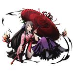  amaterasu_(road_to_dragon) black_hair bow divine_gate full_body hair_ornament high_heels holding holding_umbrella japanese_clothes kimono long_hair long_skirt looking_at_viewer low-tied_long_hair official_art oriental_umbrella purple_eyes purple_skirt red_bow road_to_dragons shadow skirt smile solo transparent_background ucmm umbrella very_long_hair 