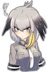  bangs black_hair chawan_(yultutari) commentary_request cropped_torso dress_shirt frown grey_hair grey_shirt head_wings highres kemono_friends looking_at_viewer multicolored_hair necktie no_arms shirt shoebill_(kemono_friends) short_hair short_sleeves simple_background solo staring white_background white_neckwear yellow_eyes 