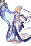  blonde_hair braid crown_braid djeeta_(granblue_fantasy) dress elysian_(granblue_fantasy) formal full_body gloves granblue_fantasy halterneck harp instrument looking_at_viewer minaba_hideo music official_art short_hair single_glove smile solo transparent_background white_dress white_gloves 