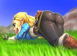  amphibian blonde_hair blue_eyes breath_of_the_wild butt clothed clothing feral fingerless_gloves frog gloves grass hair humanoid hylian nintendo pointy_ears princess_zelda solo_focus the_legend_of_zelda thefuckingdevil video_games 
