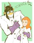  anthro clothed clothing duo eyewear female glasses green_eyes hair horn human lab_coat lizard male mammal red_hair reptile sam_(totally_spies) scalie shishikasama smile standing test_tube totally_spies 