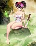  animal arm_support barefoot black_hair breasts cave cleavage collarbone covered_navel covering covering_breasts flower full_body genzoman hair_flower hair_ornament hitodama izuna_jinkuro katana looking_at_viewer medium_breasts momohime monkey navel nude nude_cover oboro_muramasa onsen red_eyes smile solo steam stomach sword toned towel weapon 
