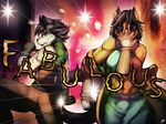  2017 anthro belt black_fur black_hair blue_eyes brown_fur canine clothed clothing duo english_text feline female fur gloves grey_fur hair jojo&#039;s_bizarre_adventure leopard light looking_at_viewer male male/female mammal pants pose red_eyes sarki sarki_(character) shirt text white_fur 