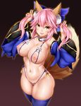  animal_ears bikini blue_bikini blue_legwear blush breasts crotchless_swimsuit detached_collar detached_sleeves fang fate/extra fate_(series) fox_ears fox_tail hair_ribbon large_breasts long_hair looking_at_viewer md5_mismatch navel nippleless_clothes nipples oni-noboru open_mouth pink_hair pubic_hair revision ribbon smile solo swimsuit tail tamamo_(fate)_(all) tamamo_no_mae_(fate) thighhighs yellow_eyes 