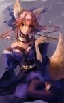  absurdres animal_ears blue_legwear bow breasts cleavage detached_sleeves fate/extella fate/extra fate_(series) fox_ears fox_tail hair_bow hair_ribbon highres holding holding_pipe japanese_clothes kiseru kobayuu large_breasts looking_at_viewer open_mouth pink_hair pipe ribbon sitting smoking solo tail tamamo_(fate)_(all) tamamo_no_mae_(fate) yellow_eyes 