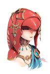  breasts downcast_eyes fish_girl jewelry long_hair mike_nesbitt mipha monster_girl multicolored multicolored_skin necklace no_nipples red_hair red_skin small_breasts solo the_legend_of_zelda the_legend_of_zelda:_breath_of_the_wild upper_body white_skin yellow_eyes zora 