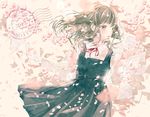  2017 brown_eyes brown_hair cherry_blossoms commentary dress english envelope eyelashes highres kagamiya_ruru letter light_particles lips lipstick long_hair looking_to_the_side love_letter makeup muted_color neck_ribbon original pale_skin pencil petals pinafore_dress postmark ribbon school_uniform solo spring_(season) wind 