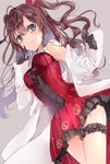 :3 bangs black_gloves blue_eyes bow breasts brown_hair cowboy_shot cross-laced_clothes dress dutch_angle earrings finger_to_face frilled_dress frills from_below gloves grey_background hair_between_eyes hair_bow highres ichinose_shiki idolmaster idolmaster_cinderella_girls image_sample jewelry kona_(mmmkona) labcoat leg_garter long_hair long_sleeves looking_at_viewer medium_breasts off_shoulder revision simple_background smile solo sparkle twitter_sample two_side_up 