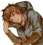  bent_over bright_pupils brown_eyes brown_hair fighter_(granblue_fantasy) gran_(granblue_fantasy) granblue_fantasy hood hoodie looking_at_viewer male_focus sarry23 simple_background sketch smile solo vambraces white_background 