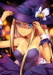  &gt;:) alessandra_susu bare_shoulders black_dress blonde_hair blue_eyes breasts cleavage closed_mouth dress halloween_costume hands_on_headwear hat highres jack-o'-lantern long_hair matatabi_kikuno medium_breasts number sleeveless sleeveless_dress smile solo strapless strapless_dress tan tanline tokyo_7th_sisters twitter_username upper_body v-shaped_eyebrows very_long_hair witch witch_hat wrist_cuffs 