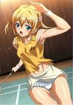  armpits blonde_hair dripping dutch_angle eyebrows_visible_through_hair frilled_panties frills hair_between_eyes hair_ornament highres holding kamimura_chika kouzaka_kouhei looking_at_viewer navel official_art open_mouth panties side_slit sisters_~natsu_no_saigo_no_hi~ skirt sleeveless sportswear sweat two_side_up underwear white_panties wristband 