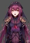  absurdres aka_(hwdllht) armor blush bodysuit breasts commentary fate/grand_order fate_(series) gae_bolg gloves highres jewelry long_hair looking_up purple_bodysuit purple_hair red_eyes scathach_(fate)_(all) scathach_(fate/grand_order) shoulder_armor small_breasts smile solo veil 
